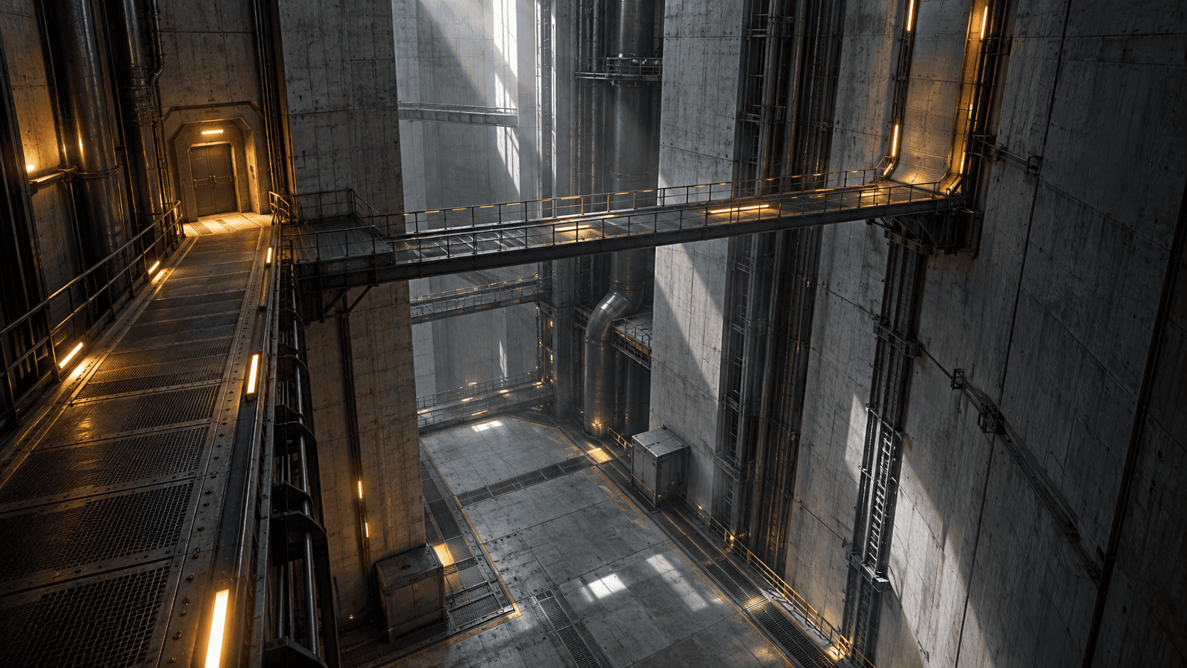 Looking down into a tall concrete hall: a lit walkway leading to a door, a steel gantry crossing overhead, and a floor far below crossed by shafts of light.
