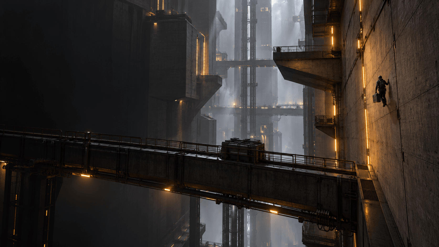 A lone figure carrying a case stands on a sheer concrete wall lit by amber strips, high above a steel bridge in a vast industrial shaft.